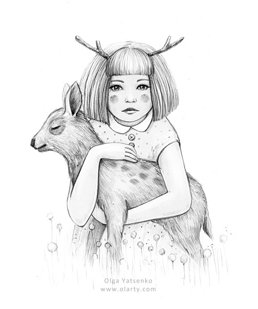 Illustration_Little_girl_kid_with_baby_deer_animal_protection_forest_olarty_olga_yatsenko
