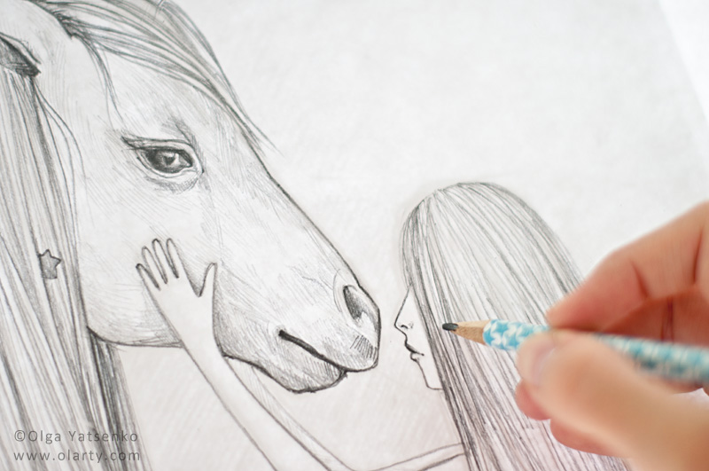 beauty_fashion_unicorn_horse_woman_pencil_drawing_illustration_artist_Olga_Yatsenko_olarty work in process