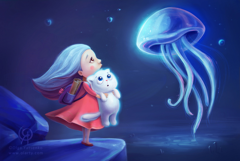 girl with cat_jellyfish_artist Olga Yatsenko_olarty_kids_book_illustration