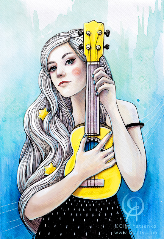 watercolor woman with ukulele by artist olga Yatsenko Olarty